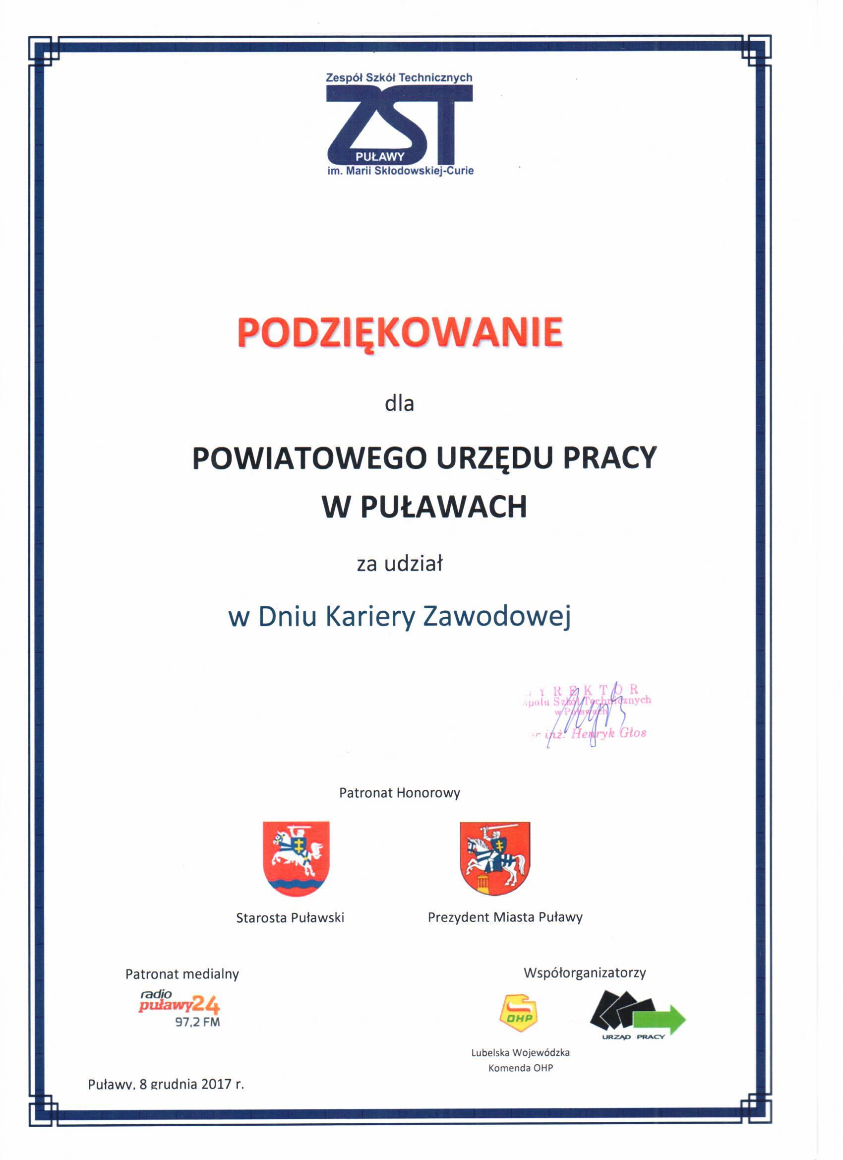 Podziękowanie Zespołu Szkół Technicznych w Puławach za udział w Dniu Kariery Zawodowej.