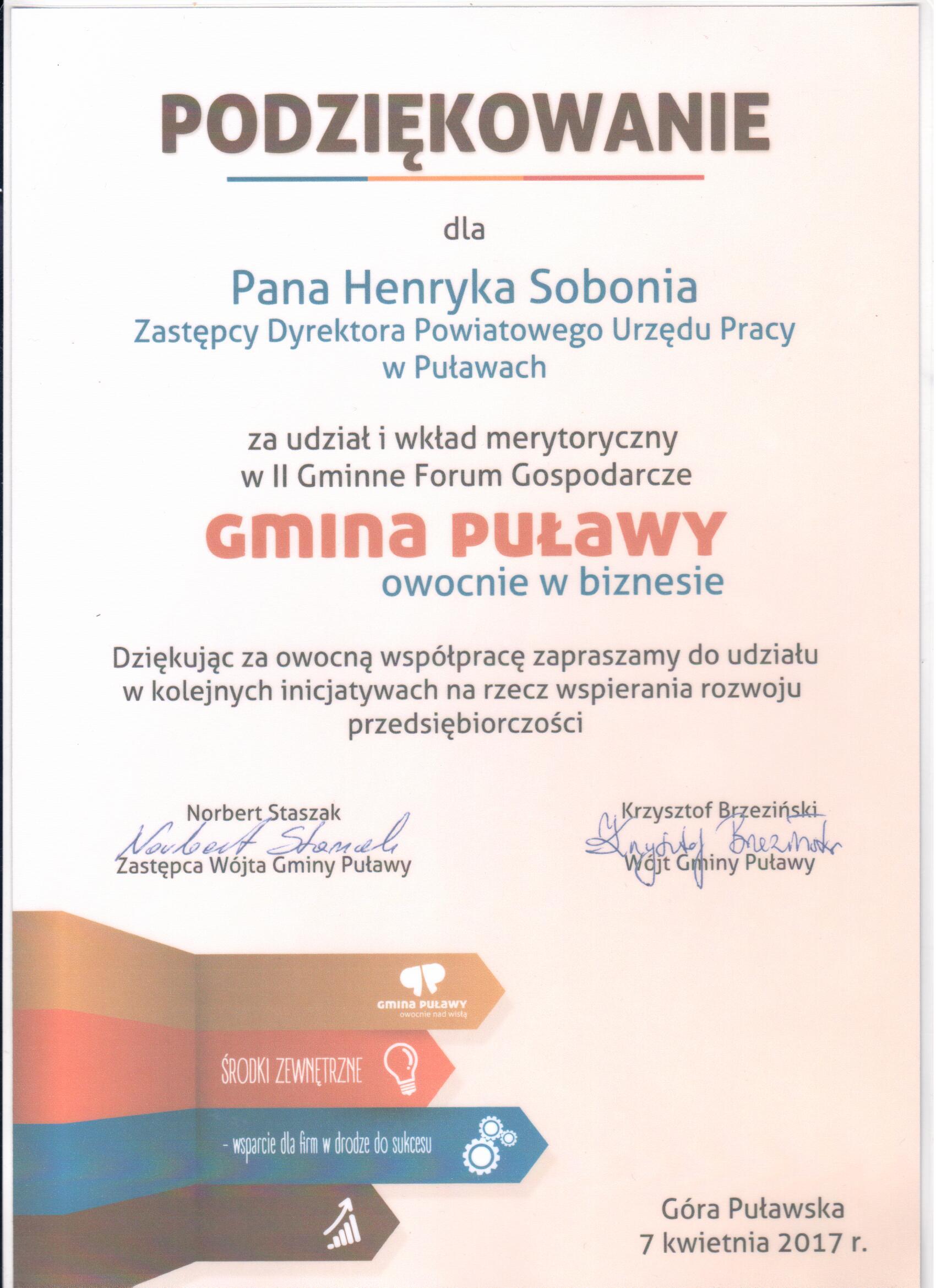 Podziękowanie za udział w II Forum Gospodarczym w Gminie Puławy.