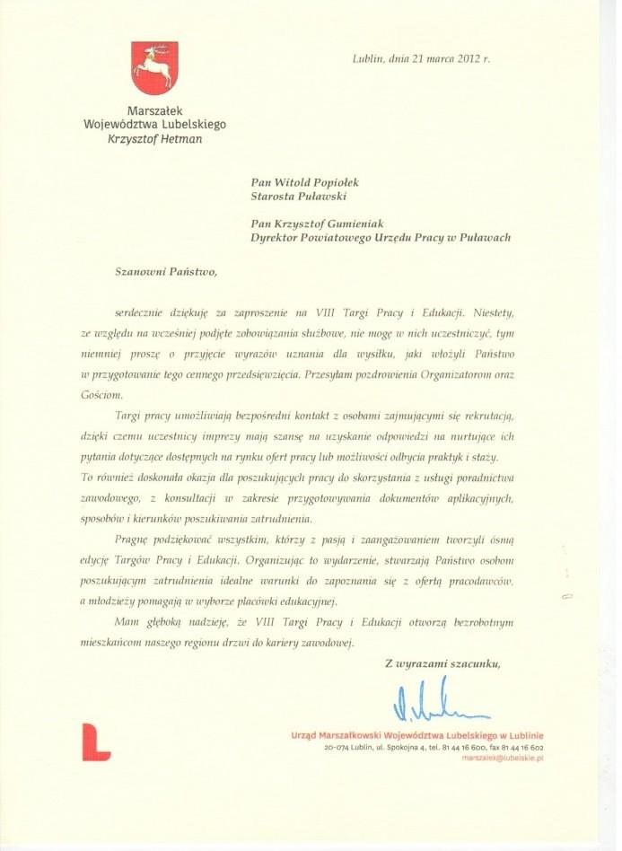 Zdjęcie galerii artykułu:  - VIII Targi Pracy i Edukacji - list 2