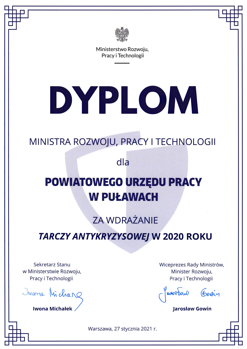 Dyplom Ministra za wdrażanie tarczy antykryzysowej w 2020 r.