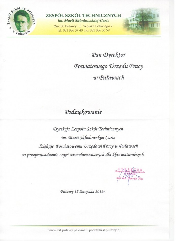 Podziękowanie Zespołu Szkół Technicznych w Puławach za udział w Dniu Kariery Zawodowej organizowanym przez Zespół Szkół Technicznych im. Marii Skłodowskiej-Curie w Puławach.