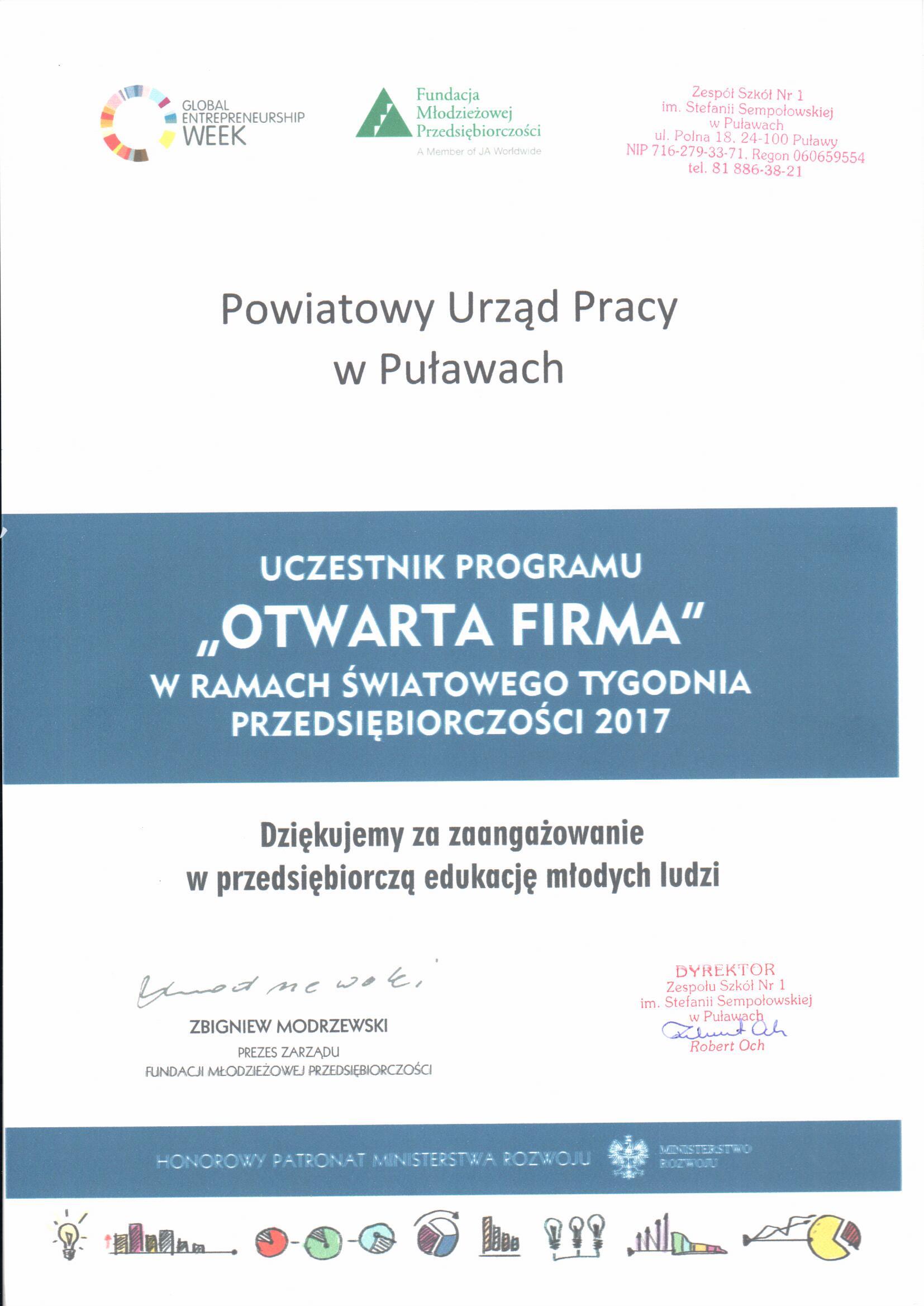 Podziękowanie za uczestnictwo w Światowych Dniach Przedsiębiorczości 2017 r.