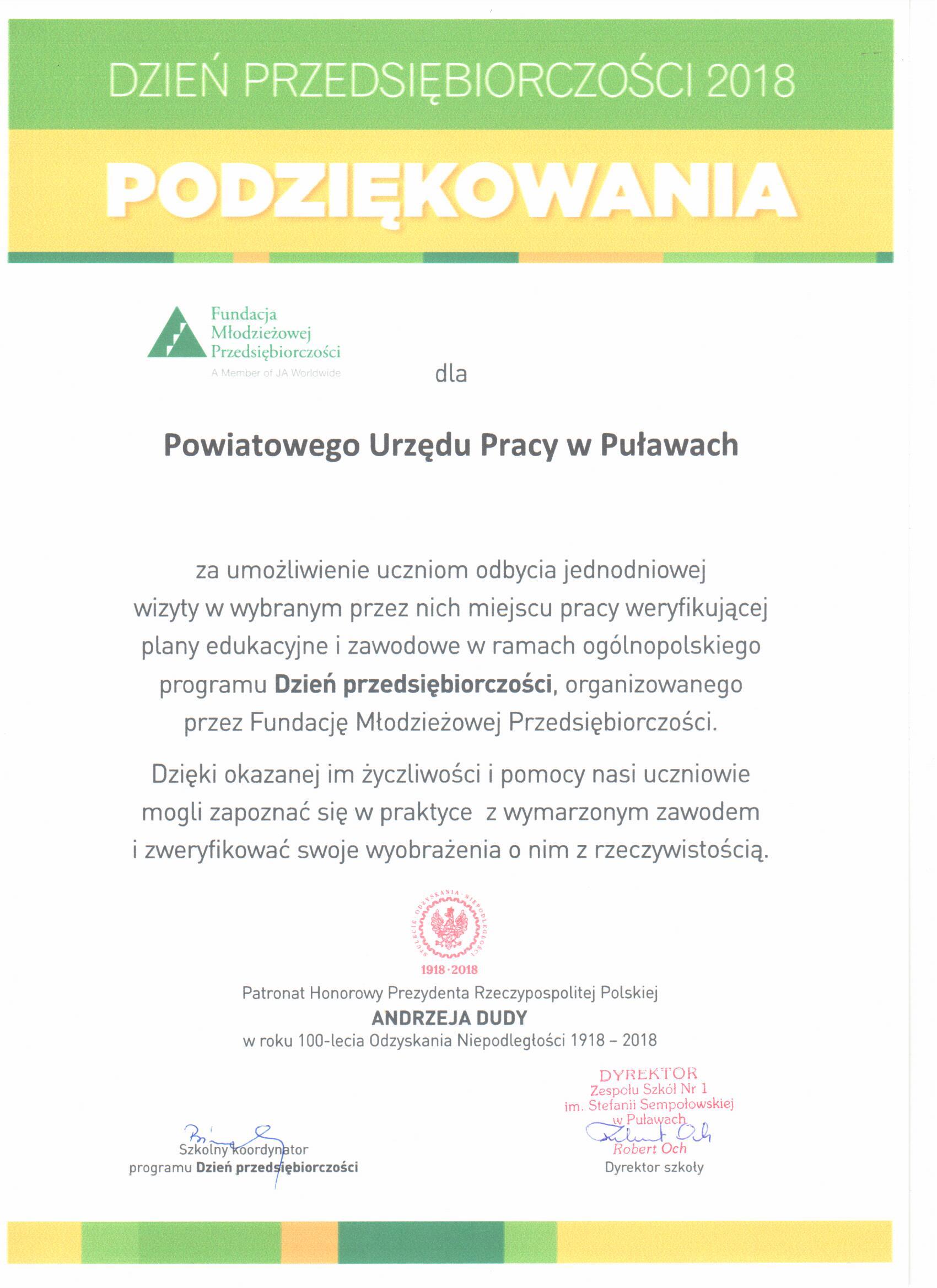 Podziękowanie za udział w dniu przedsiębiorczości