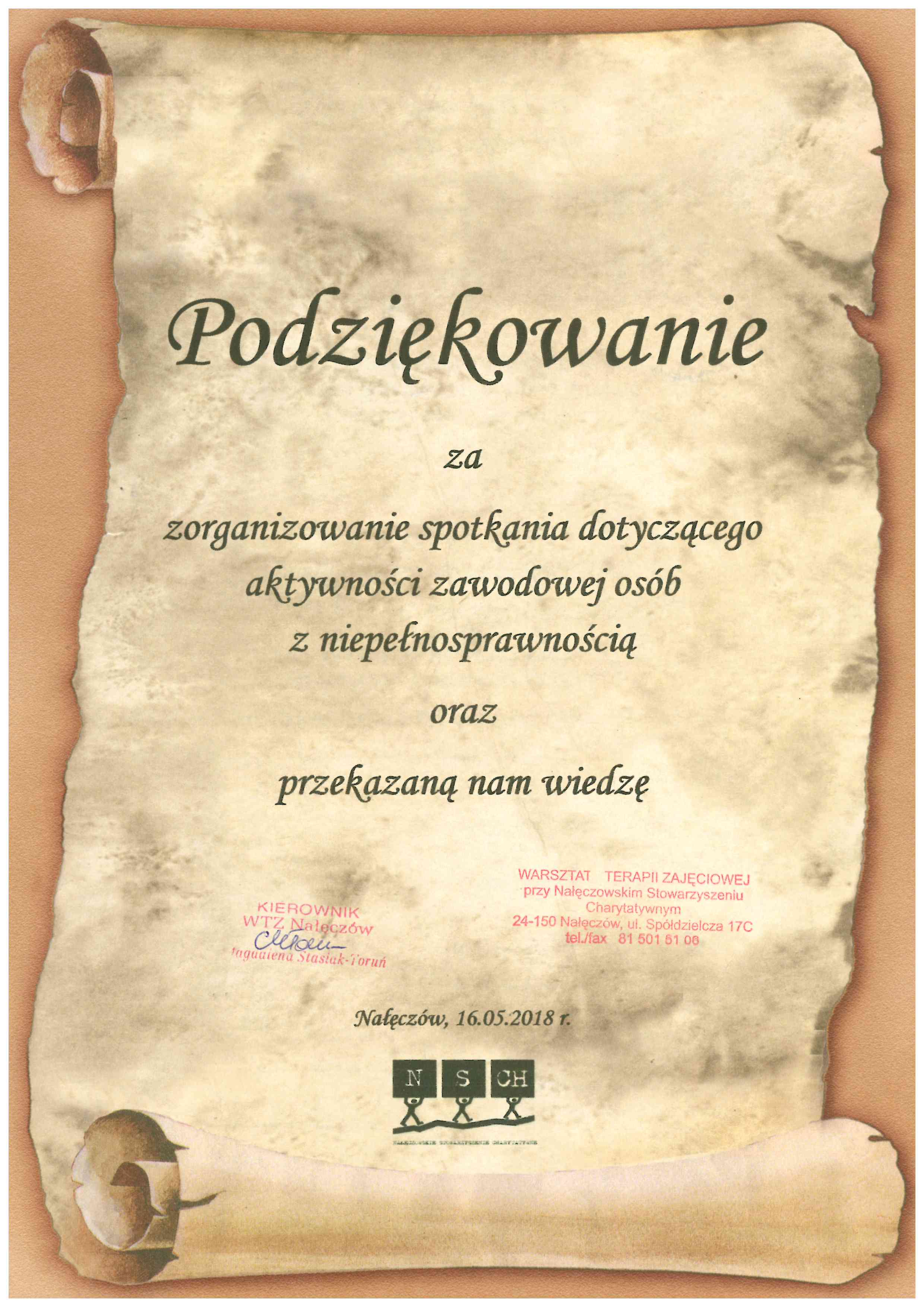 Podziękowanie za zorganizowanie spotkania dotyczącego aktywności zawodowej osób niepełnosprawnych