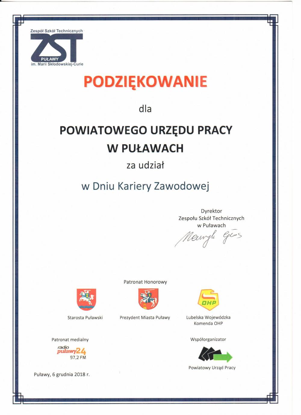 Zdjęcie galerii artykułu:  - Podziękowanie za udział w Dniu Kariery Zawodowej