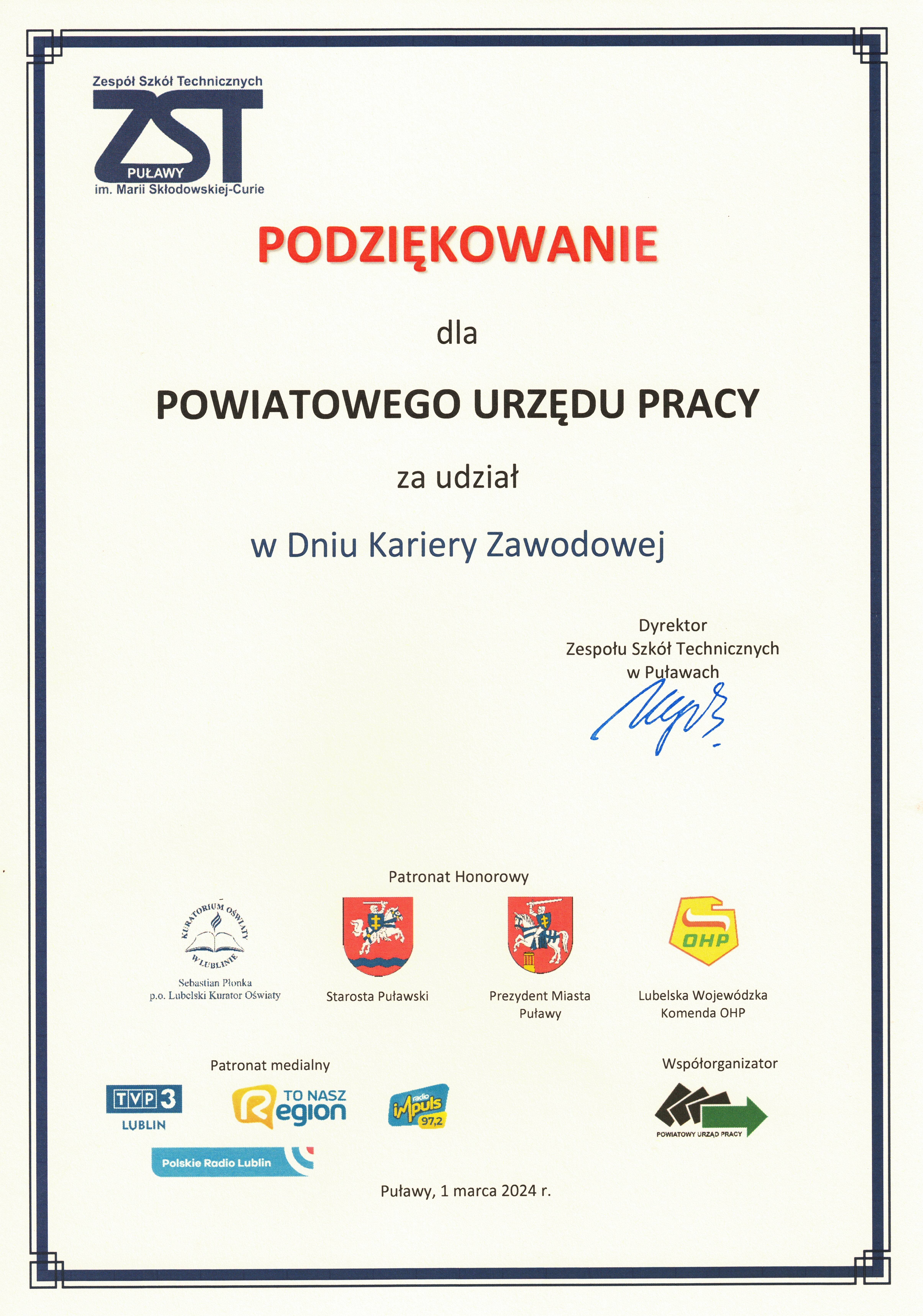 Podziękowanie Dzień Kariery Zawodowej 2024