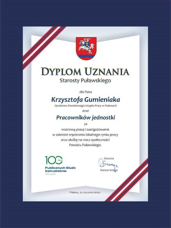 Dyplom uznania od Starosty Puławskiego